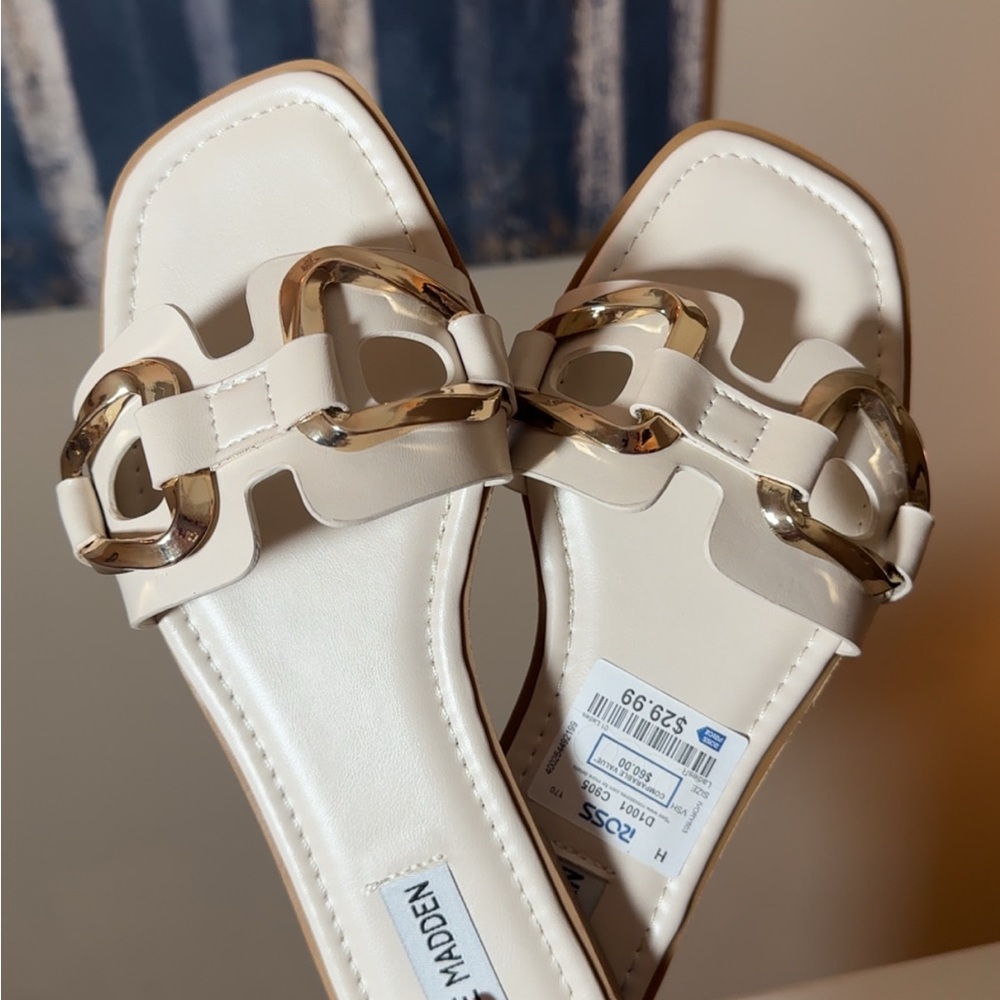 Steve Madden White Slide Sandals with Gold Chain Accent